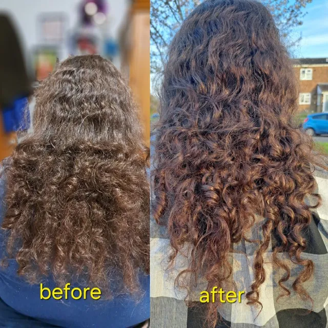 My hair before looking dry and damaged, then after just one
